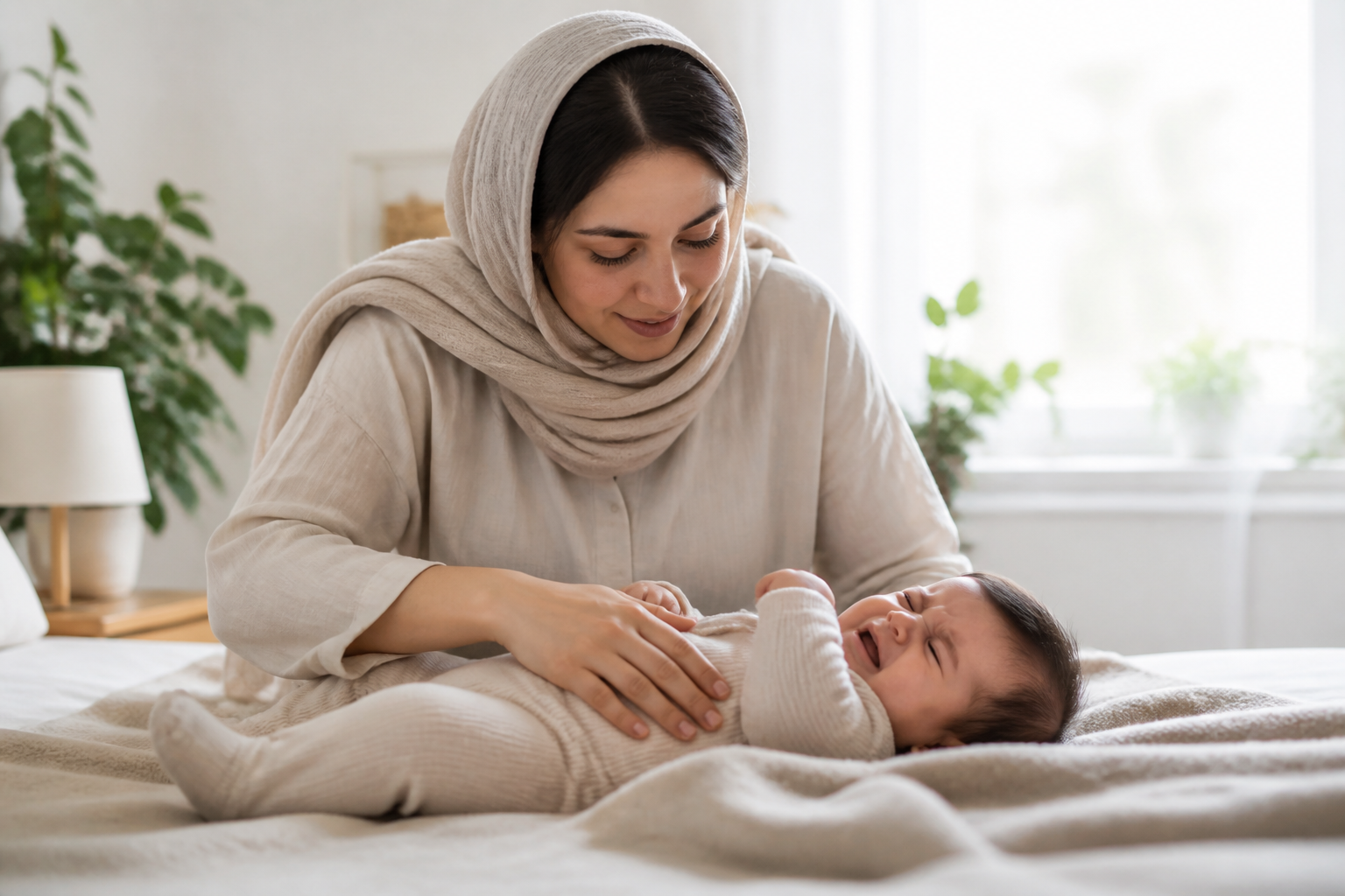 مادر در حال آرام‌کردن نوزاد مبتلا به نفخ و قولنج
