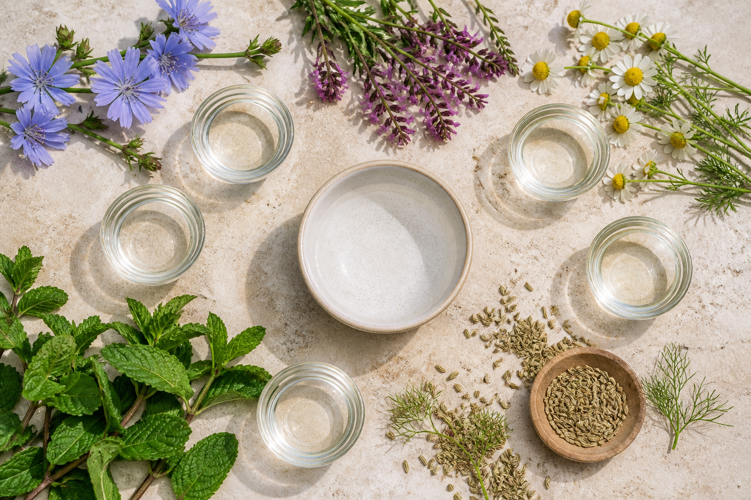 گیاهان کاسنی، شاهتره، بابونه و نعناع برای مراقبت از پوست