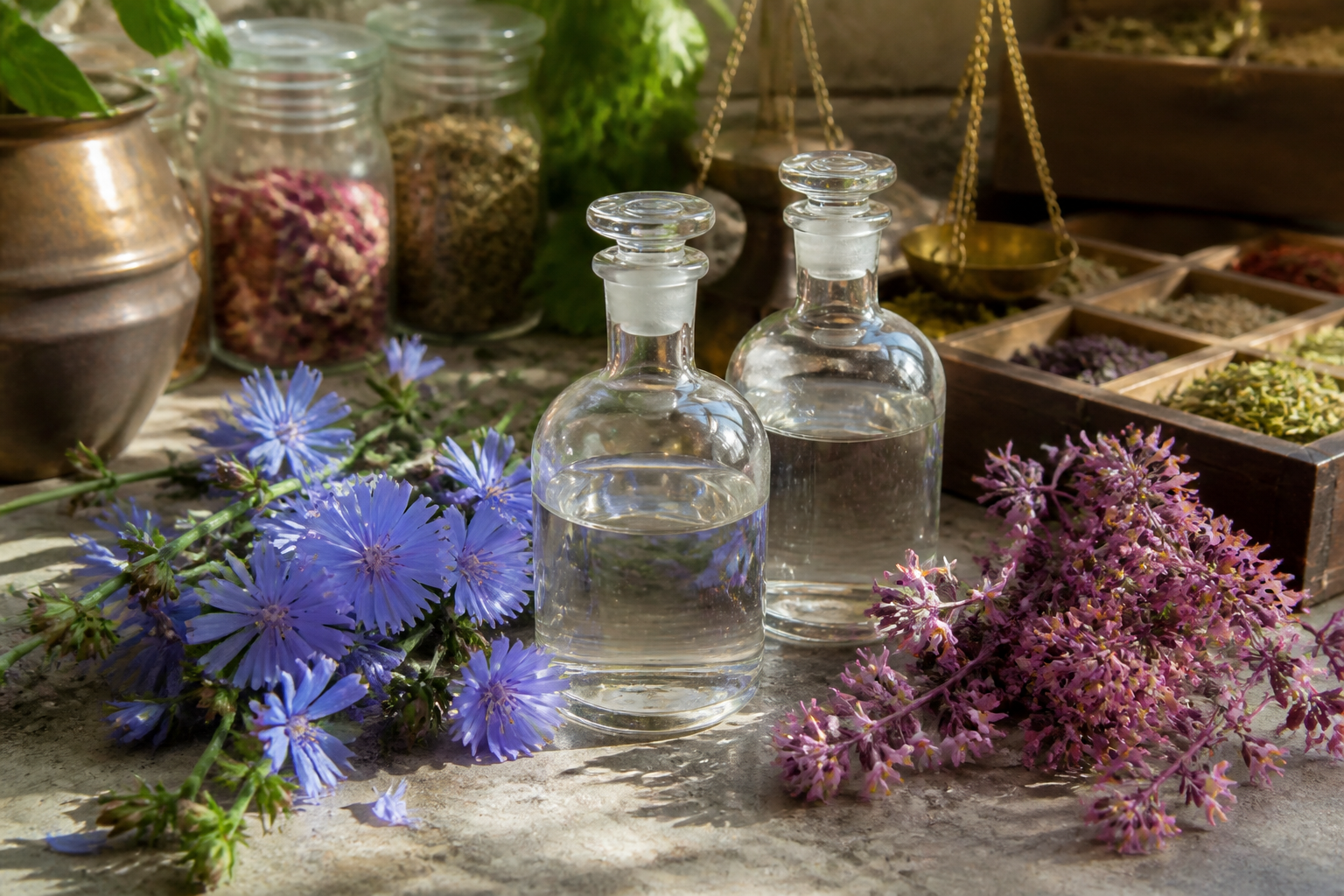 عرق کاسنی و شاهتره در کنار گل‌های گیاهی