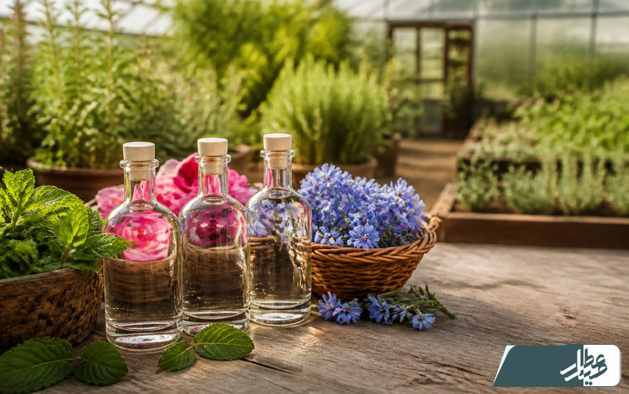 بررسی بطری و گیاهان تازه برای انتخاب عرق گیاهی ارگانیک