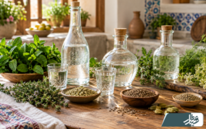 چند عرق گیاهی گرم در کنار نعناع، آویشن و ادویه‌های معطر