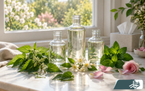 عرقیات گیاهی در کنار گزنه، نعناع و گل‌های بهارنارنج