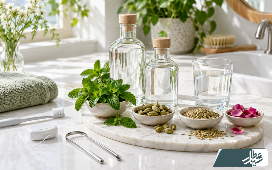 عرقیات خوراکی در کنار نعناع، هل، رازیانه و گلاب