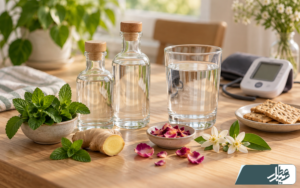 عرقیات گیاهی ملایم در کنار آب، نعناع، زنجبیل و گل محمدی
