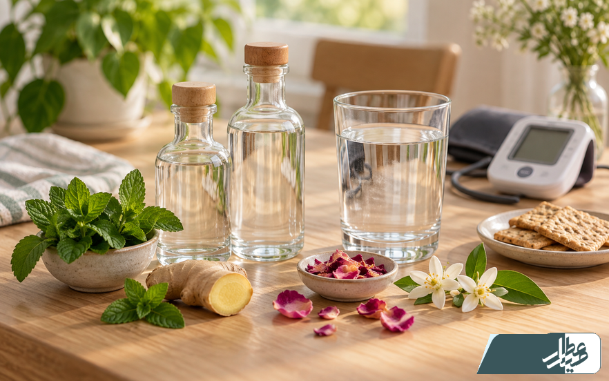 عرقیات گیاهی ملایم در کنار آب، نعناع، زنجبیل و گل محمدی